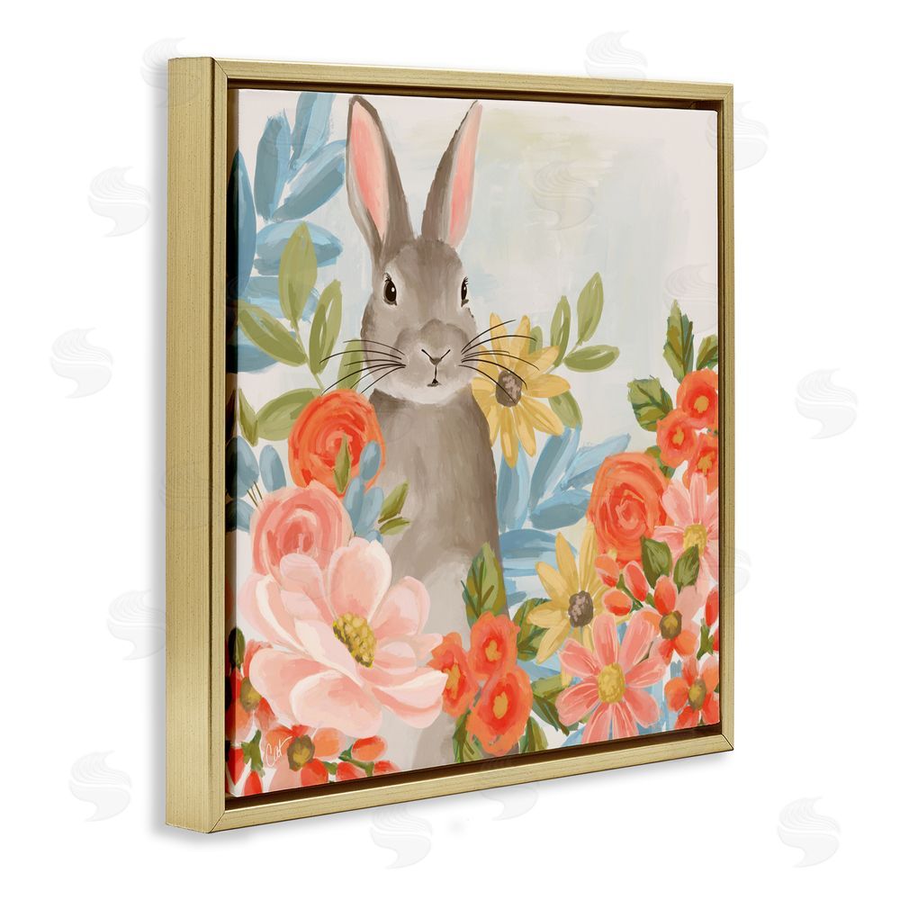 Cat Thurman Designs Bunny Among The Blooms Gold Floating Frame Canvas Wall Art Print