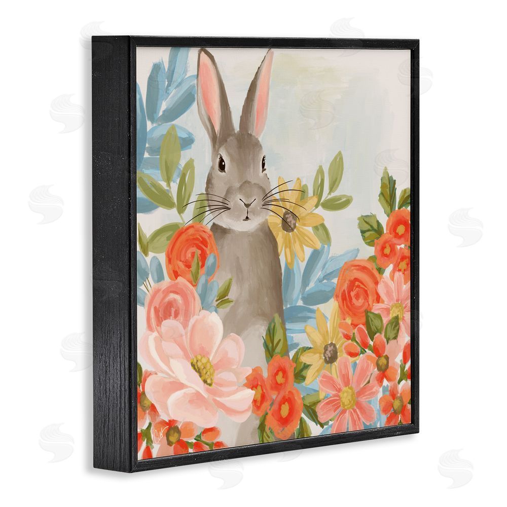 Cat Thurman Designs Bunny Among The Blooms Black Framed Giclee Wall Art Print