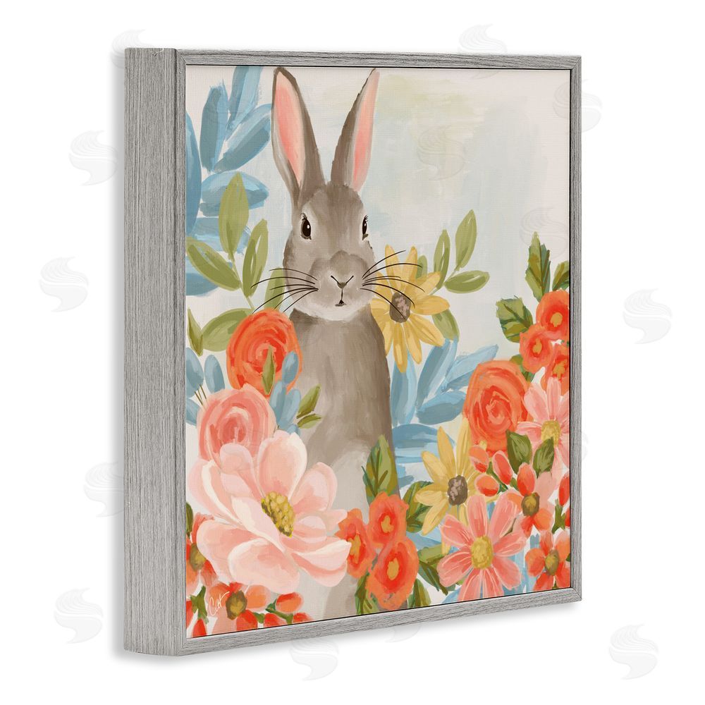 Cat Thurman Designs Bunny Among The Blooms Gray Framed Giclee Wall Art Print