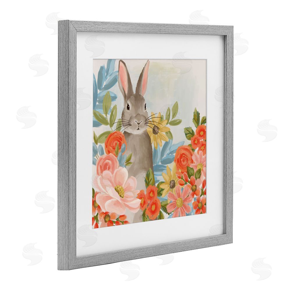 Cat Thurman Designs Bunny Among The Blooms Gray Framed Print Under Glass Wall Art
