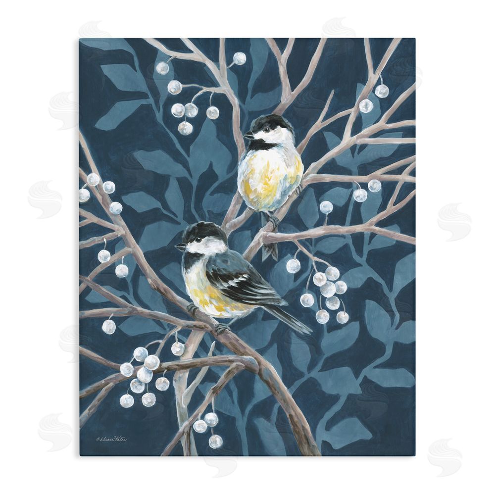 Diane Kater Chickadees on Winter Berries Stretched Canvas Wall Art