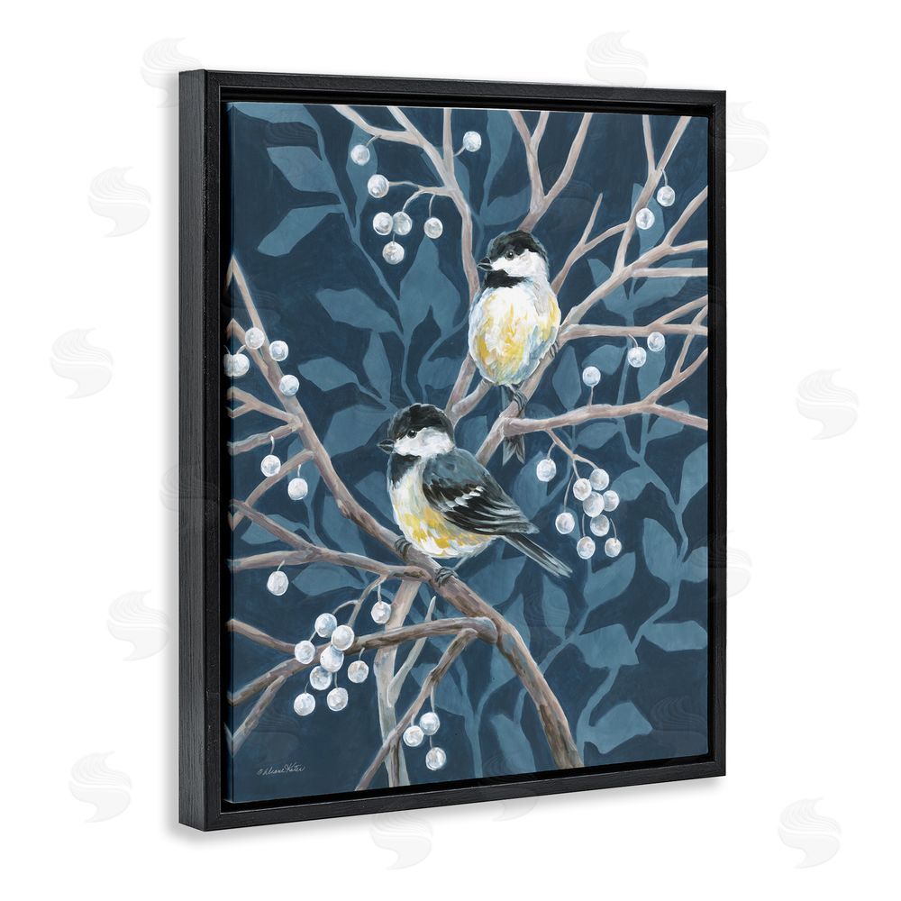 Diane Kater Chickadees on Winter Berries Black Floating Frame Canvas Wall Art Print