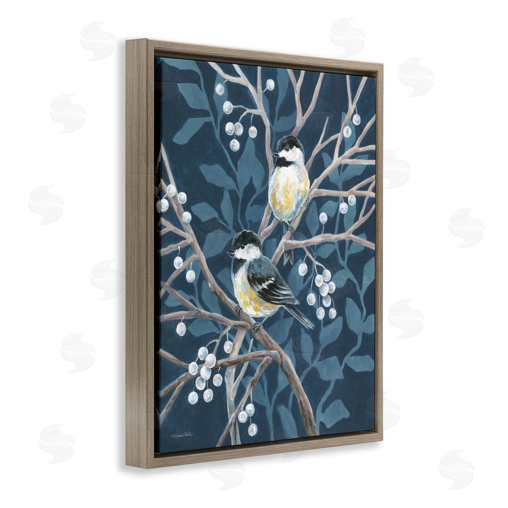 Diane Kater Chickadees on Winter Berries Brown Floating Frame Canvas Wall Art Print
