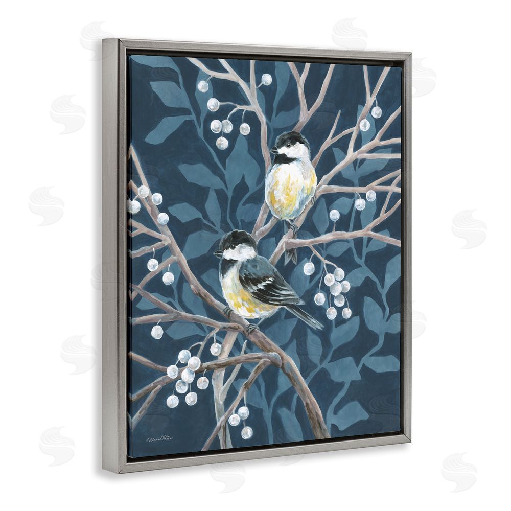 Diane Kater Chickadees on Winter Berries Gray Floating Frame Canvas Wall Art Print