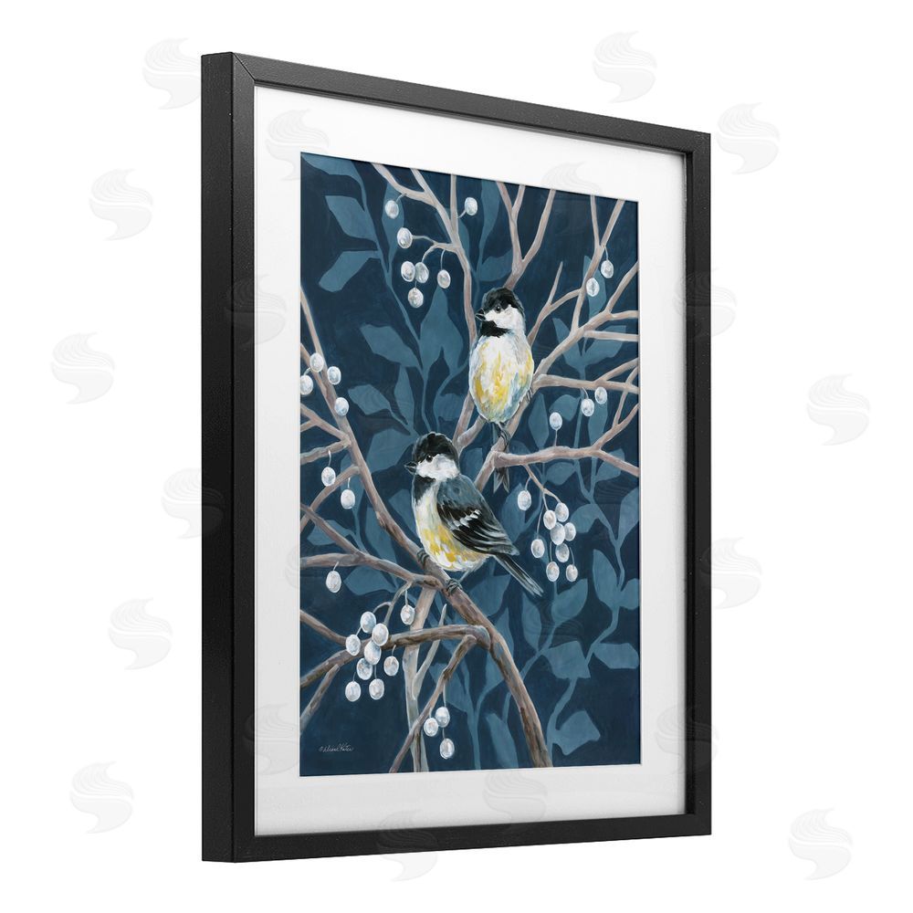 Diane Kater Chickadees on Winter Berries Black Framed Print Under Glass Wall Art