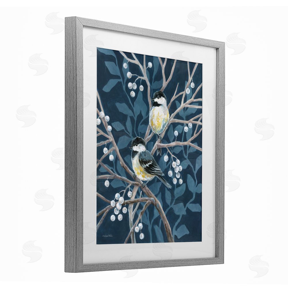 Diane Kater Chickadees on Winter Berries Gray Framed Print Under Glass Wall Art
