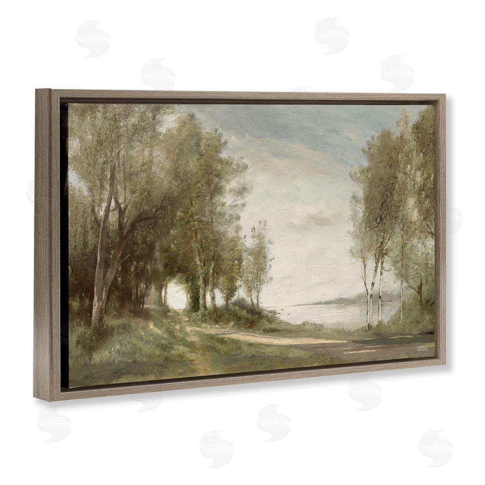 Amber Sterling Tranquil Lakeside Path Brown Floating Framed Canvas Wall Art Print