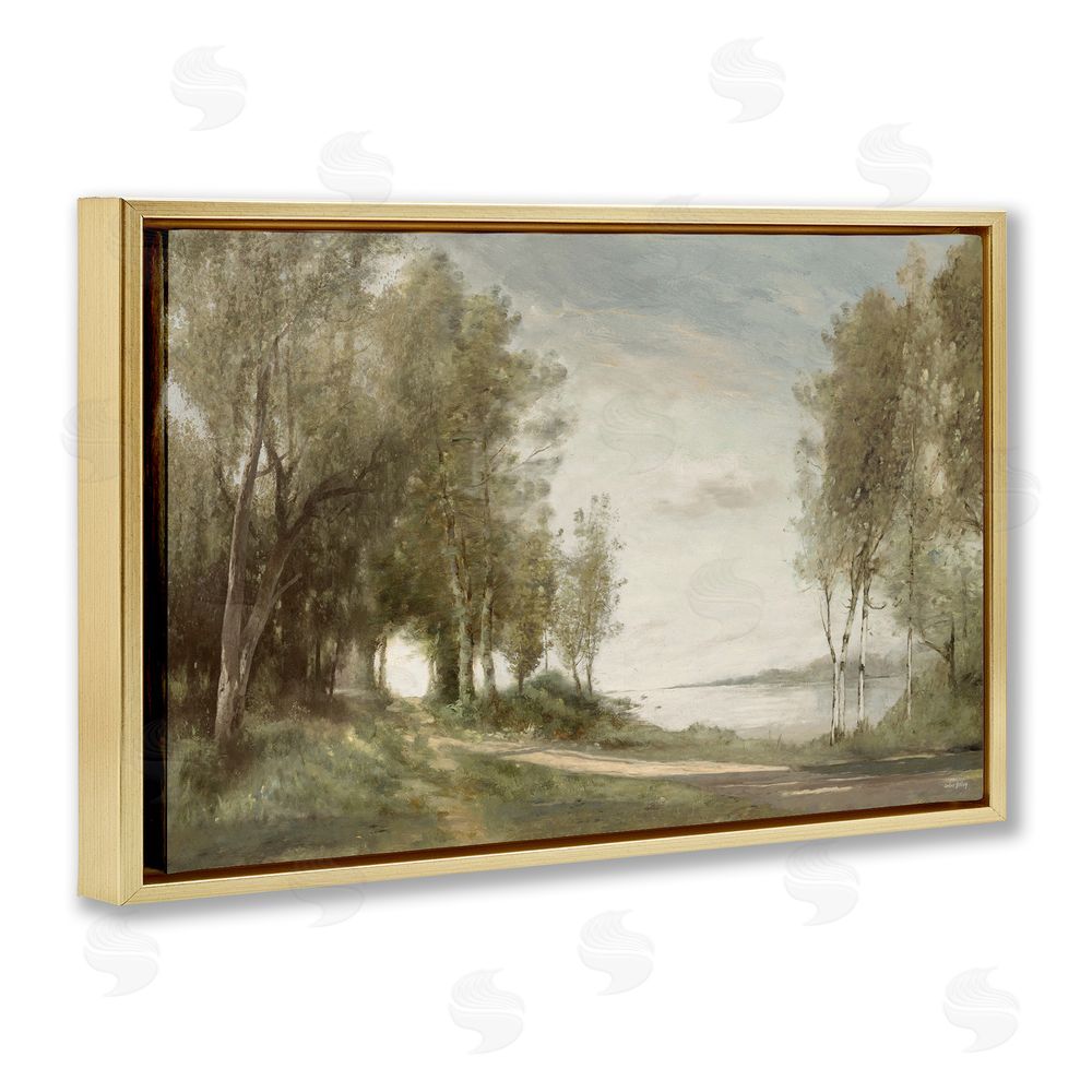 Amber Sterling Tranquil Lakeside Path Gold Floating Framed Canvas Wall Art Print