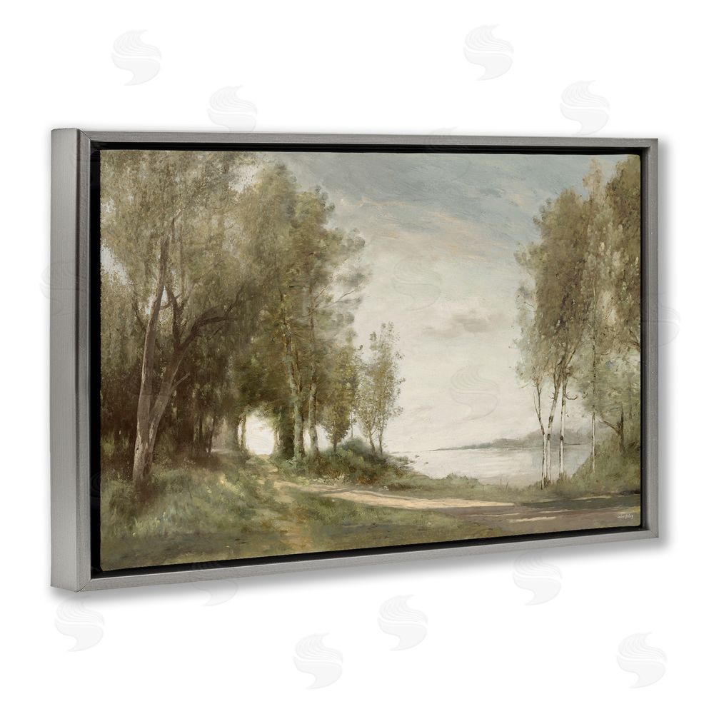 Amber Sterling Tranquil Lakeside Path Gray Floating Framed Canvas Wall Art Print