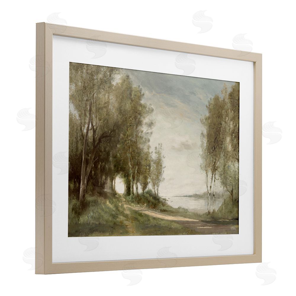 Amber Sterling Tranquil Lakeside Path Brown Framed Print Under Glass with White Mat Wall Art