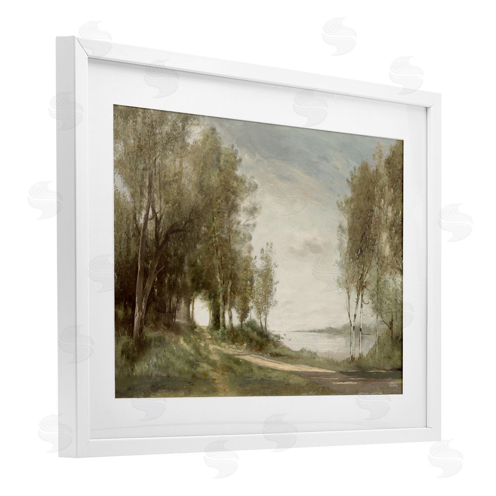Amber Sterling Tranquil Lakeside Path White Framed Print Under Glass with White Mat Wall Art