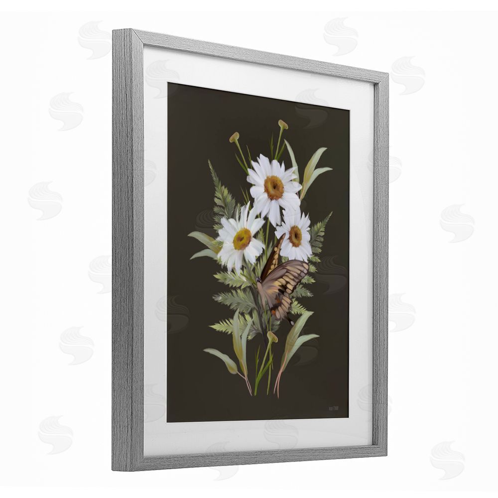 House Fenway Daisy Bouquet with Swallowtail Gray Framed Print Under Glass Wall Art
