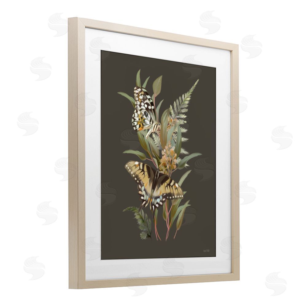 House Fenway Twin Swallowtails & Greenery Brown Framed Print Under Glass with White Mat Wall Art