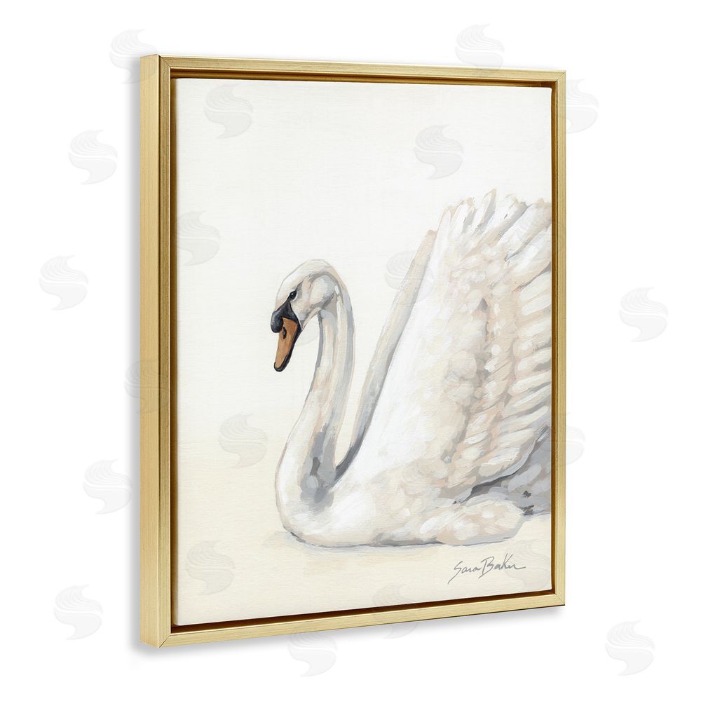 Sara Baker White Swan in Repose Gold Floating Framed Canvas Wall Art Print
