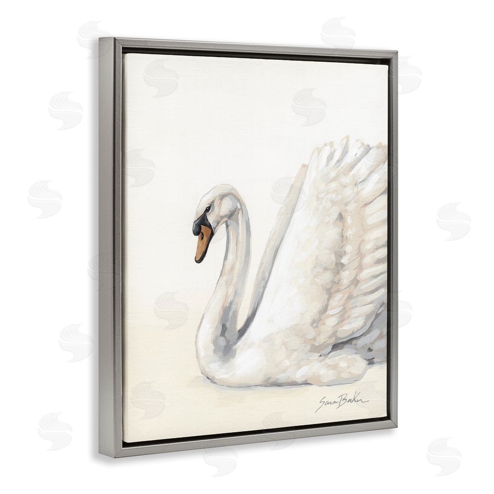 Sara Baker White Swan in Repose Gray Floating Framed Canvas Wall Art Print