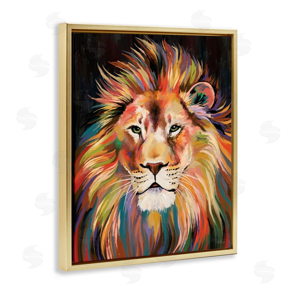 Cat Thurman Designs Vibrant Majestic Rainbow Lion Gold Floating Framed Canvas Wall Art Print
