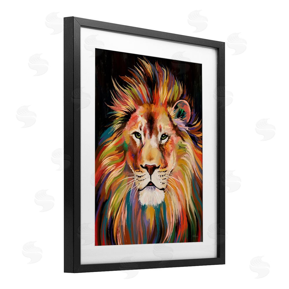 Cat Thurman Designs Vibrant Majestic Rainbow Lion Black Framed Print Under Glass with White Mat Wall Art