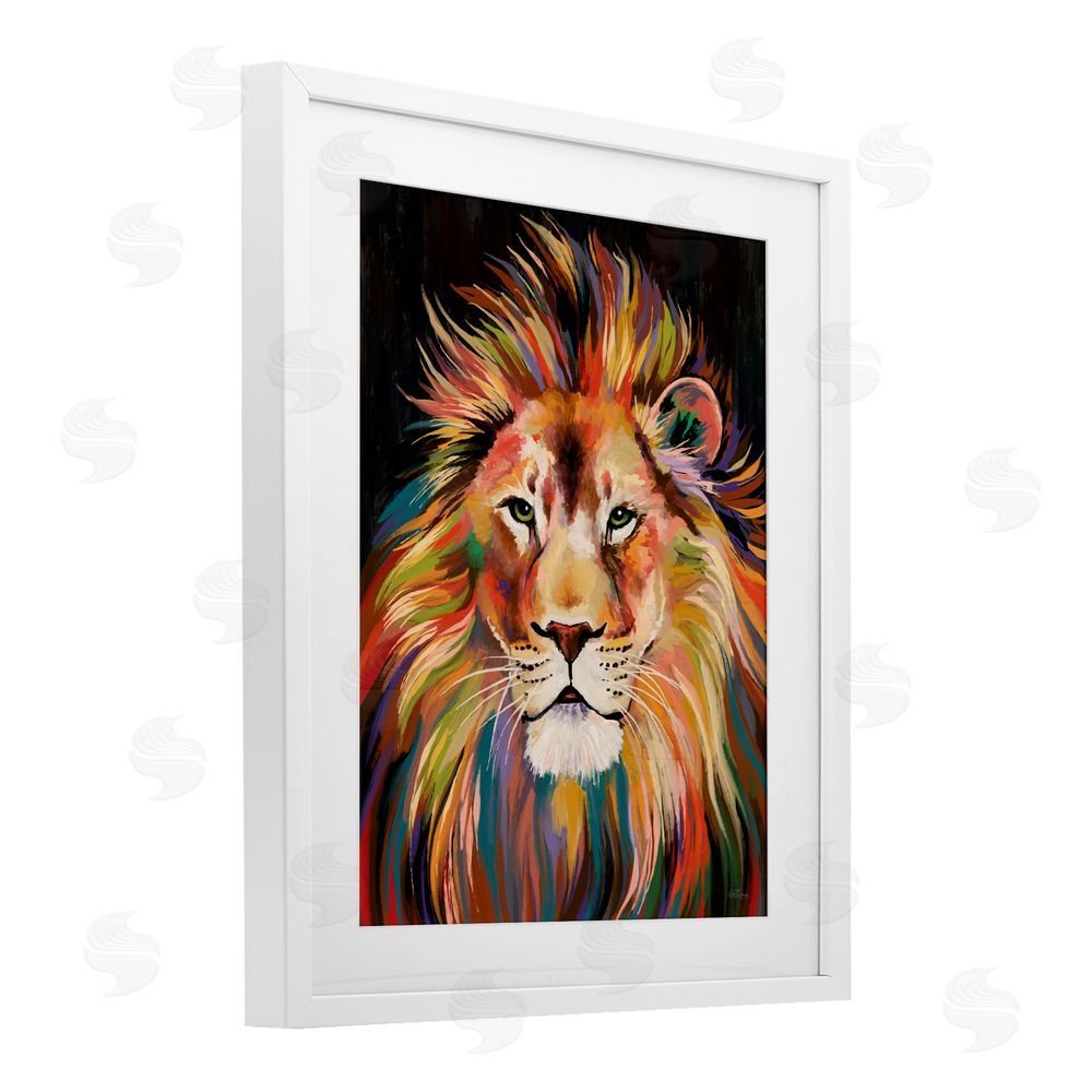 Cat Thurman Designs Vibrant Majestic Rainbow Lion White Framed Print Under Glass with White Mat Wall Art