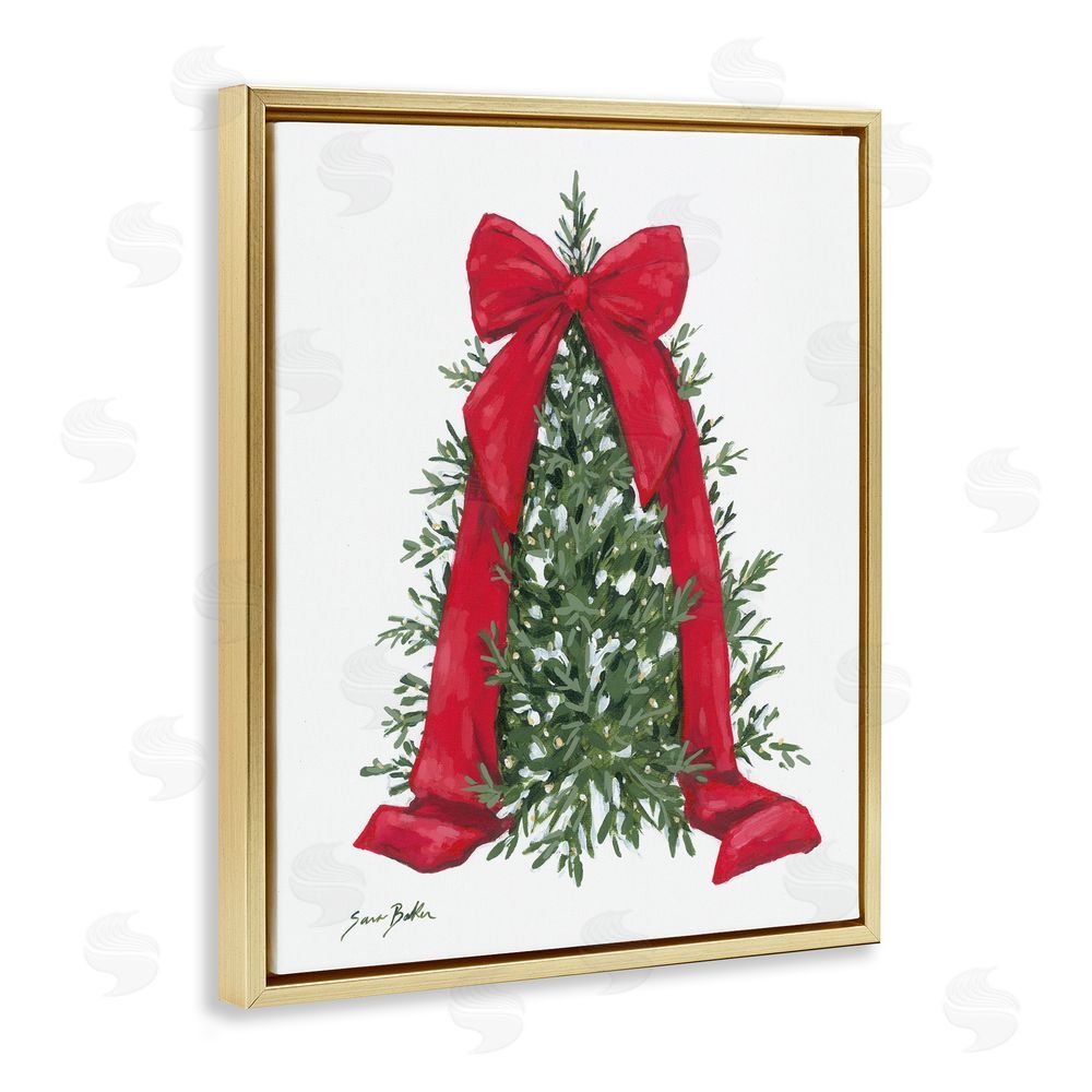 Sara Baker Festive Greenery with Ribbon Gold Floating Frame Canvas Art Print