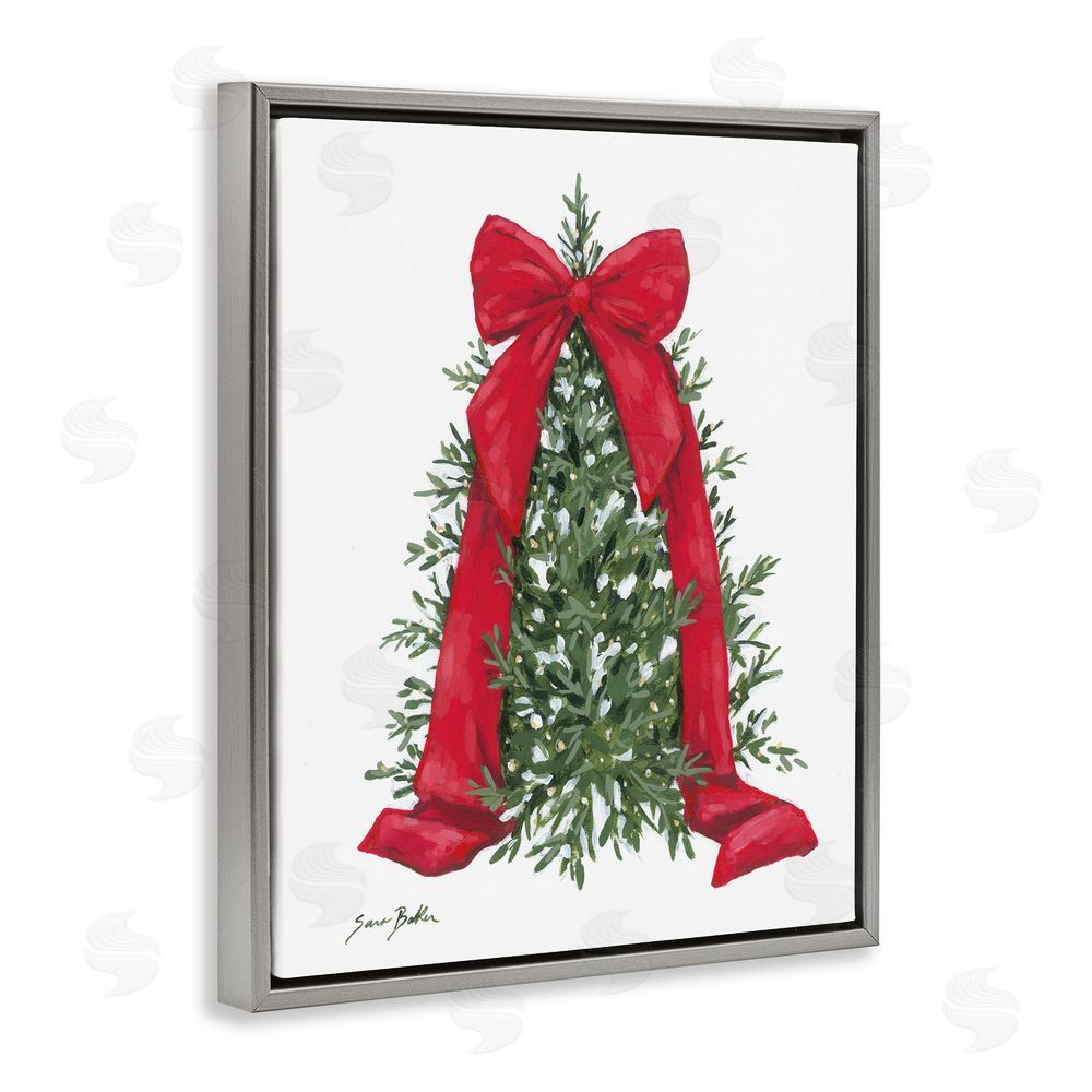 Sara Baker Festive Greenery with Ribbon Gray Floating Frame Canvas Art Print