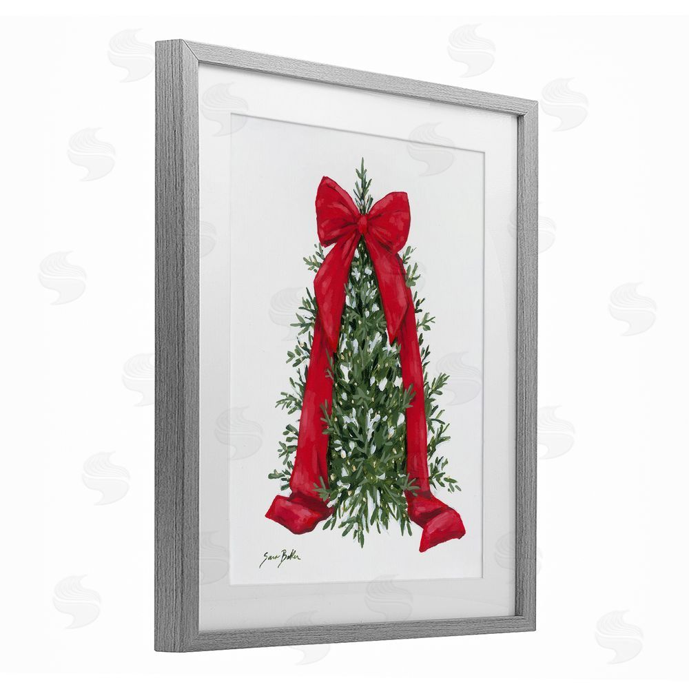Sara Baker Festive Greenery with Ribbon Gray Framed Print Under Glass Art