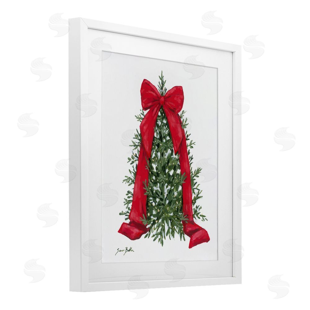 Sara Baker Festive Greenery with Ribbon White Framed Print Under Glass Art