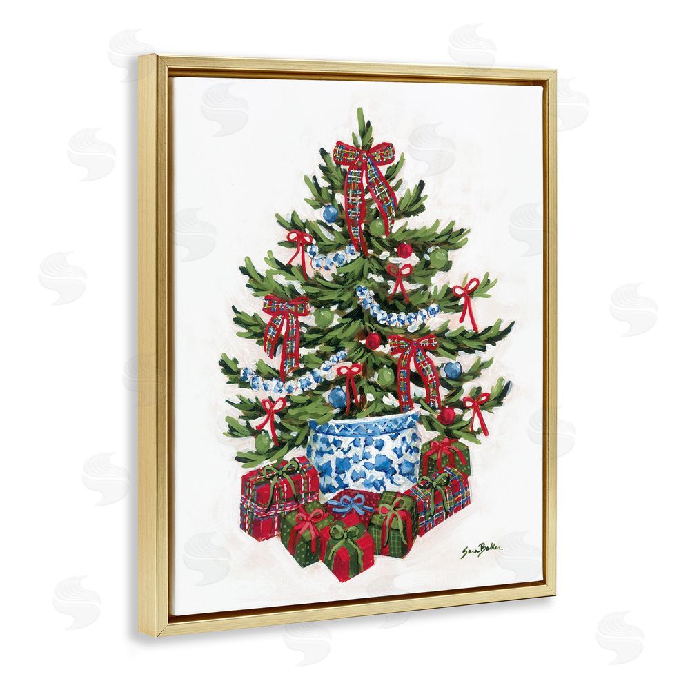 Sara Baker Festive Celebration Tree Gold Floating Frame Canvas Art Print