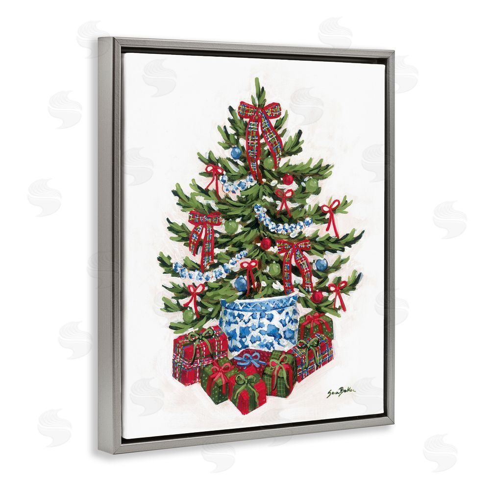 Sara Baker Festive Celebration Tree Gray Floating Frame Canvas Art Print