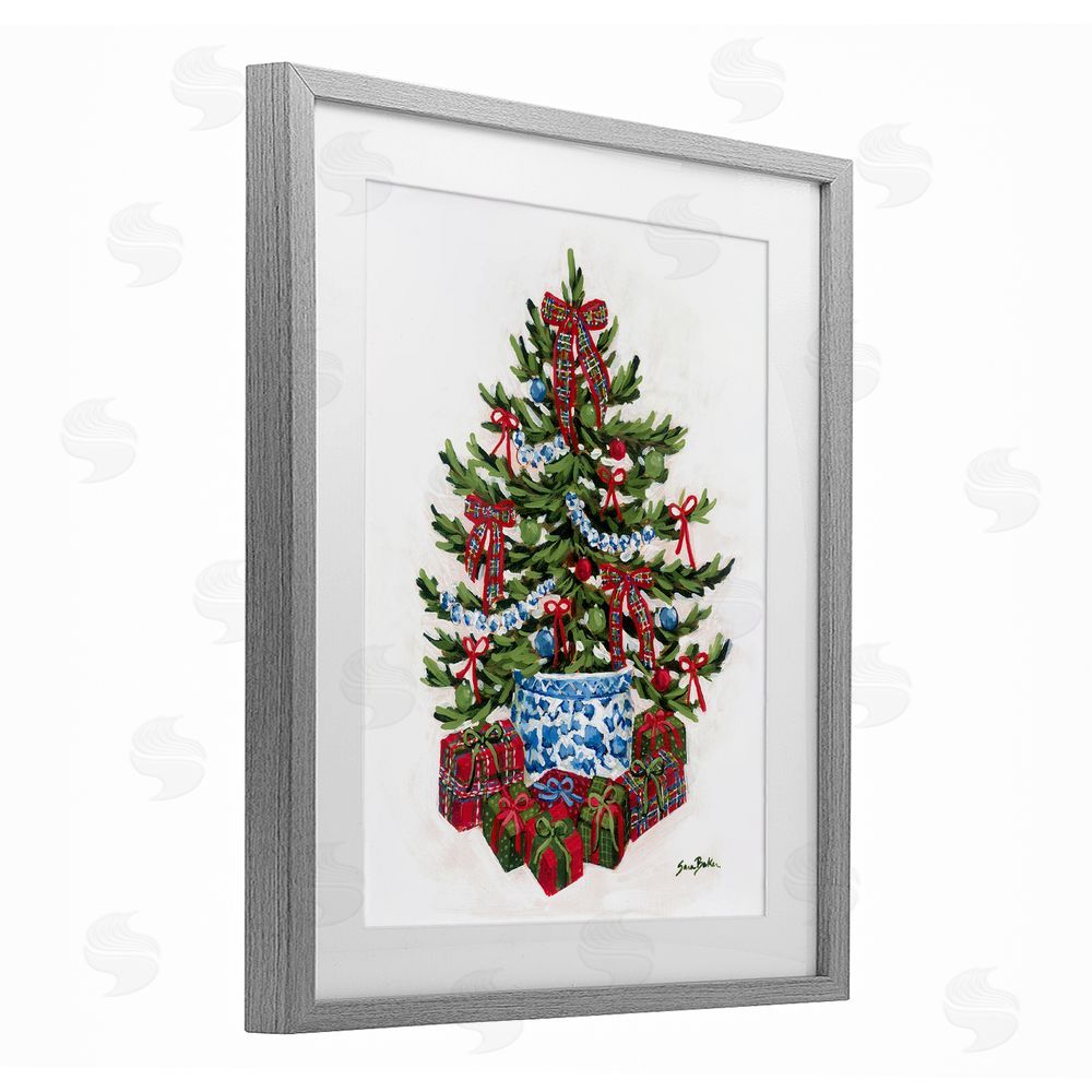 Sara Baker Festive Celebration Tree Gray Framed Print Under Glass Art