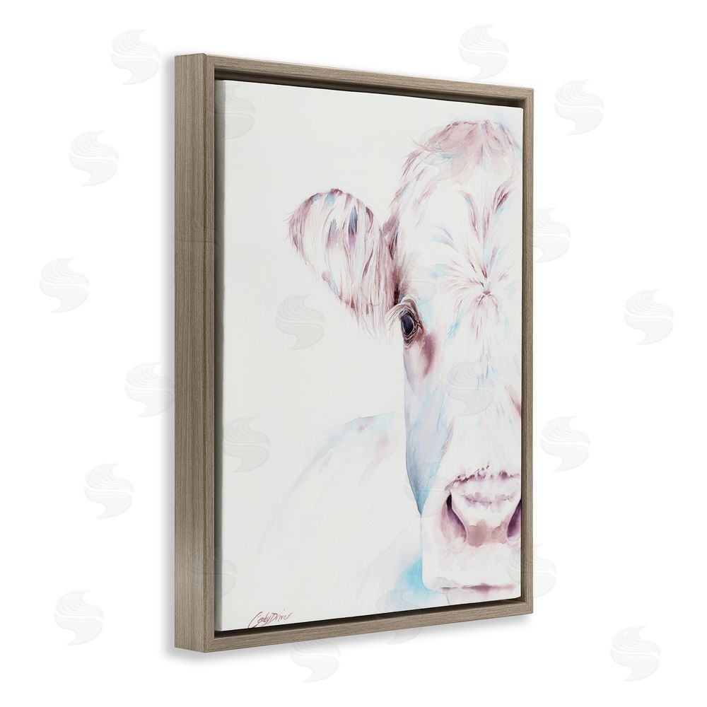 Cady Driver Gentle White Cow Portrait Brown Floating Frame Canvas Wall Art Print