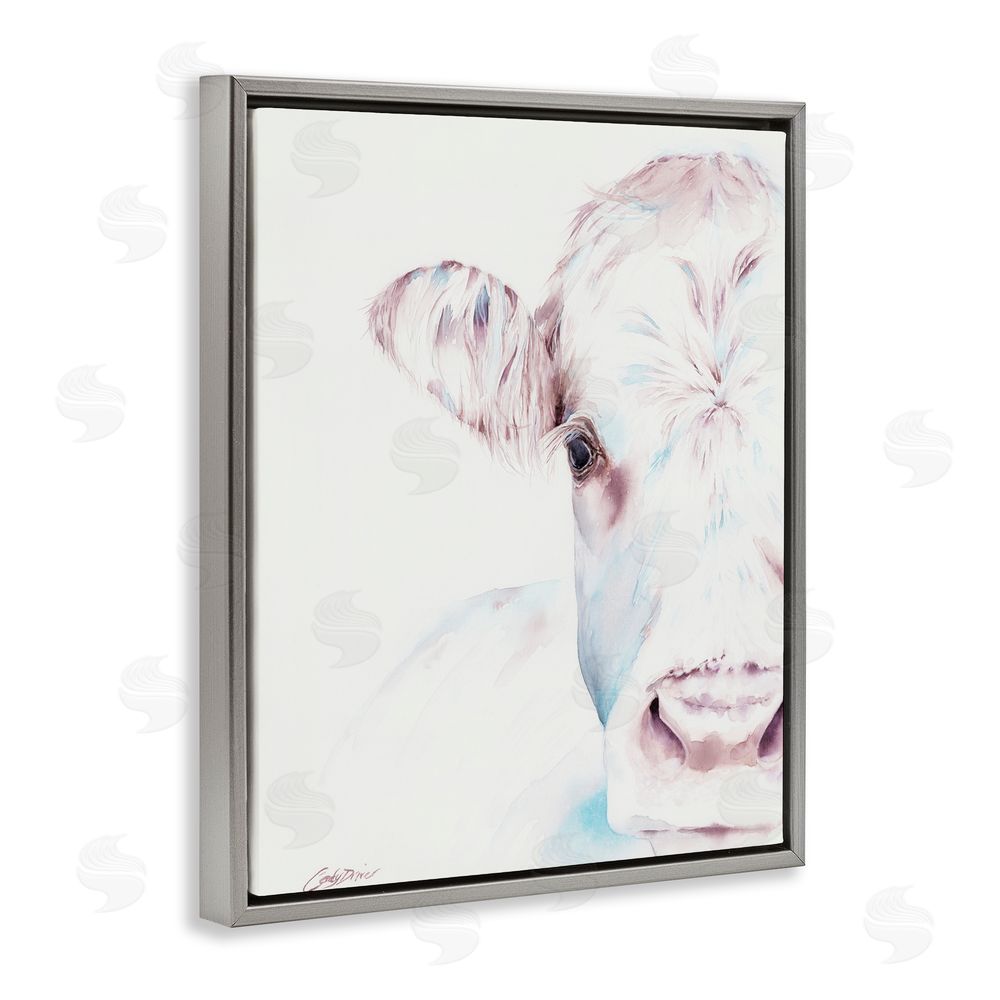 Cady Driver Gentle White Cow Portrait Gray Floating Frame Canvas Wall Art Print