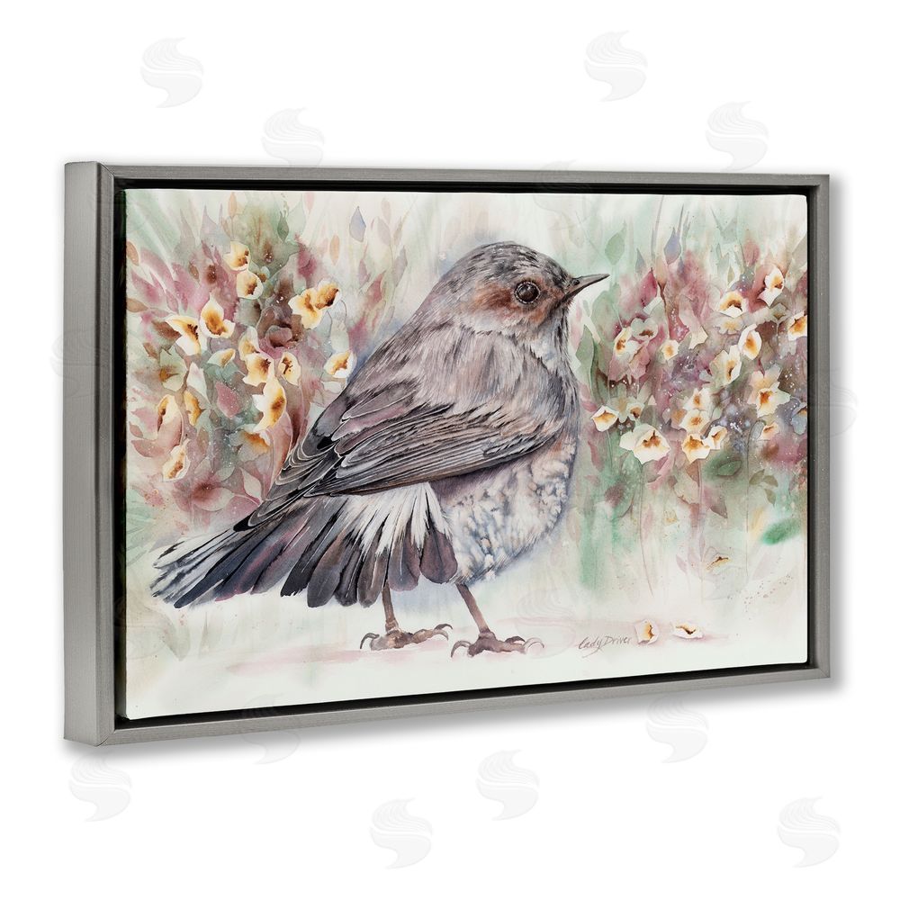 Cady Driver Peaceful Spring Bird & Flowers Gray Floating Frame Canvas Wall Art Print