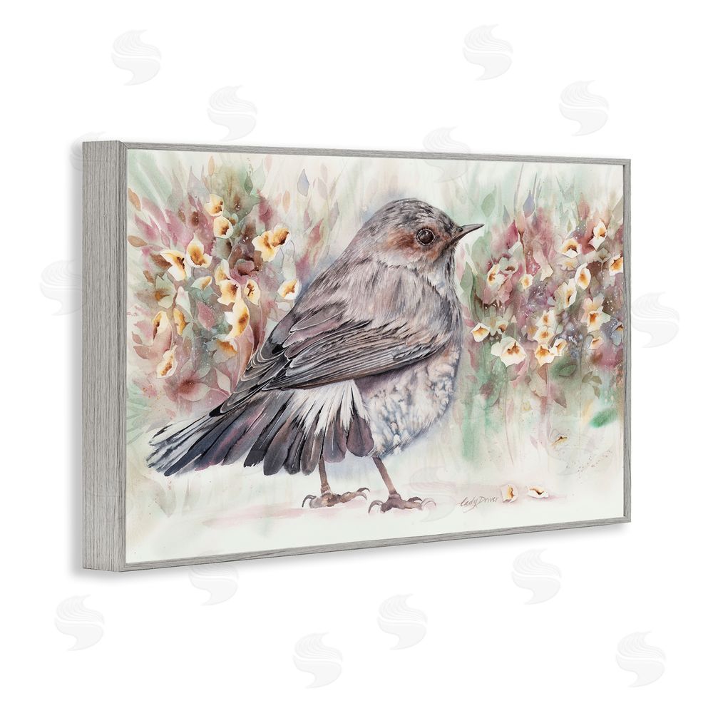 Cady Driver Peaceful Spring Bird & Flowers Gray Framed Giclee Wall Art Print