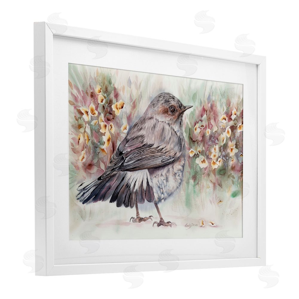 Cady Driver Peaceful Spring Bird & Flowers White Framed Print Under Glass with Mat Wall Art