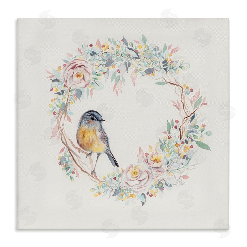 Cady Driver Spring Bird on Flower Wreath Canvas Wall Art Print