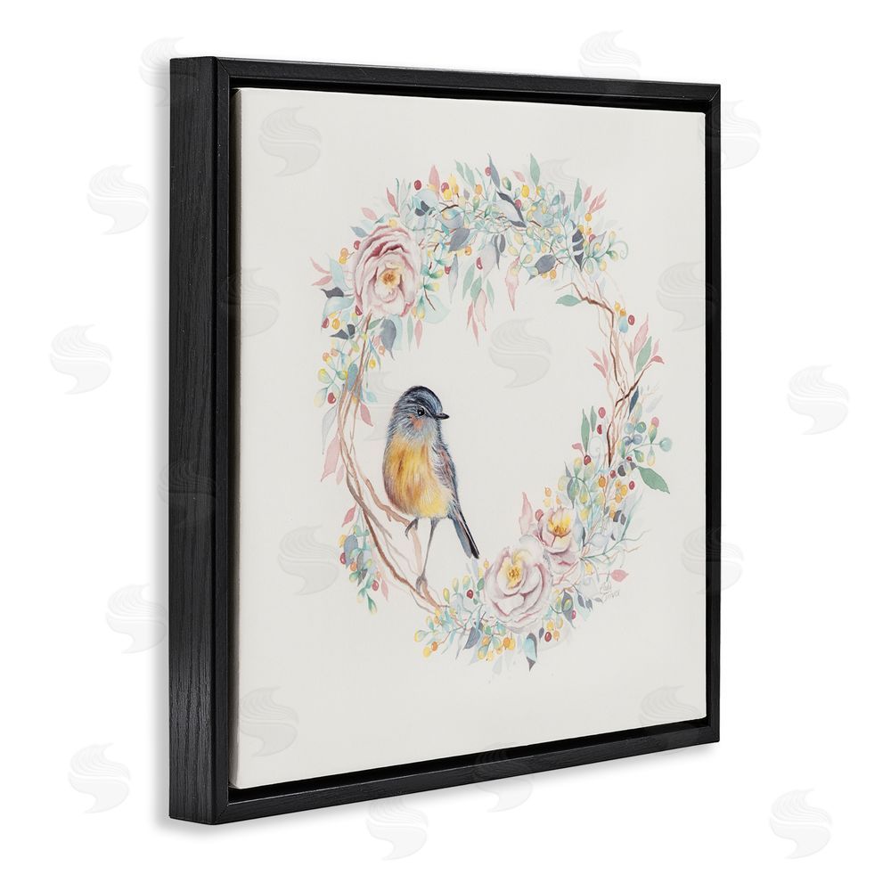Cady Driver Spring Bird on Flower Wreath Black Floating Frame Canvas Wall Art Print