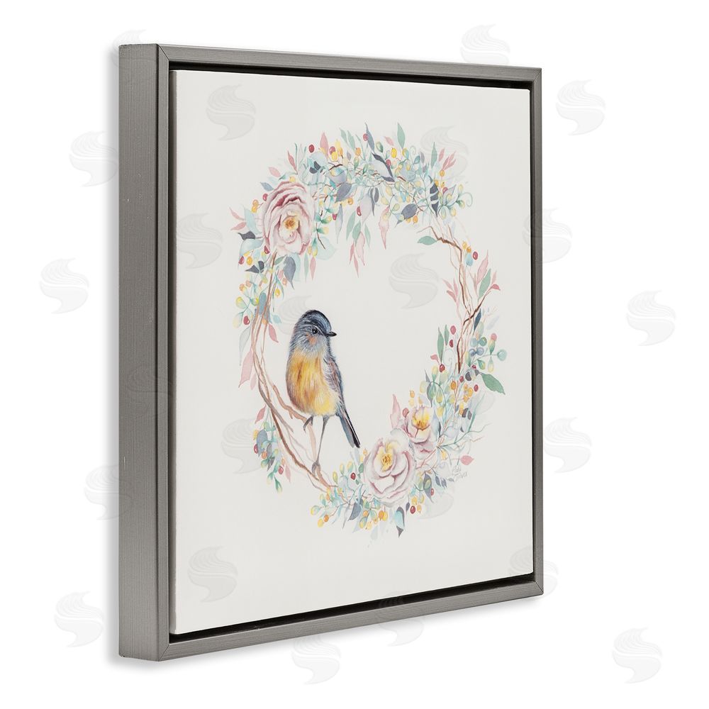 Cady Driver Spring Bird on Flower Wreath Gray Floating Frame Canvas Wall Art Print