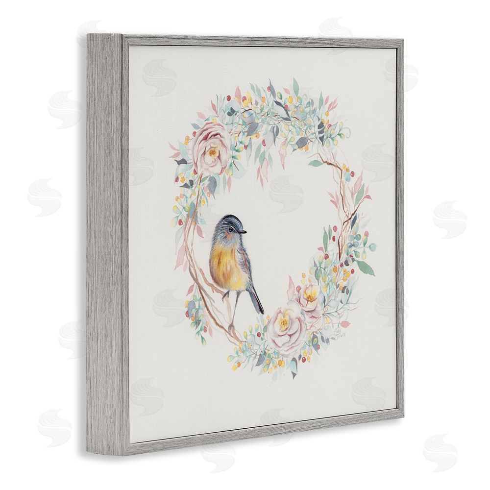 Cady Driver Spring Bird on Flower Wreath Gray Framed Giclee Wall Art Print