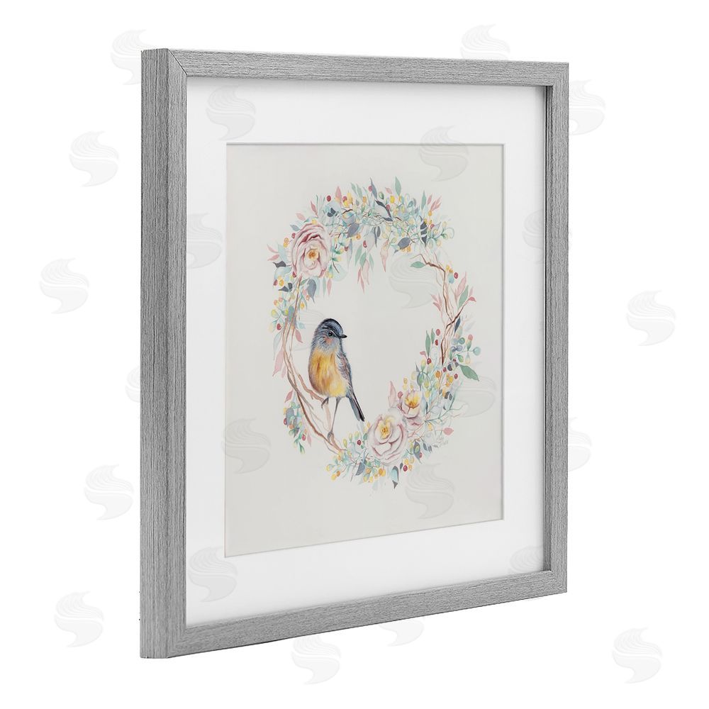 Cady Driver Spring Bird on Flower Wreath Gray Framed Print Under Glass with White Mat Wall Art