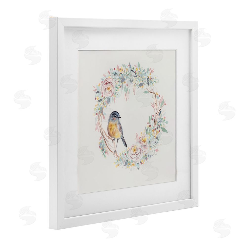 Cady Driver Spring Bird on Flower Wreath White Framed Print Under Glass with Mat Wall Art
