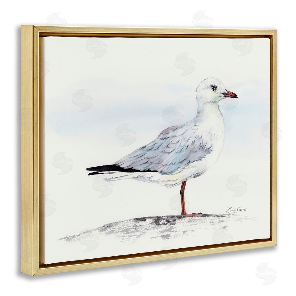 Cady Driver Seagull On Sand Portrait Gold Floating Frame Canvas Wall Art Print
