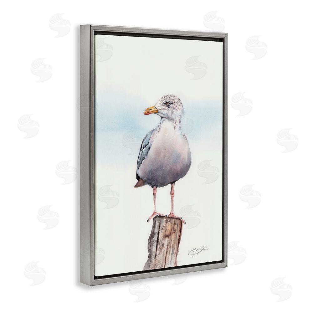 Cady Driver Seaside Seagull Perch Gray Floating Frame Canvas Wall Art Print