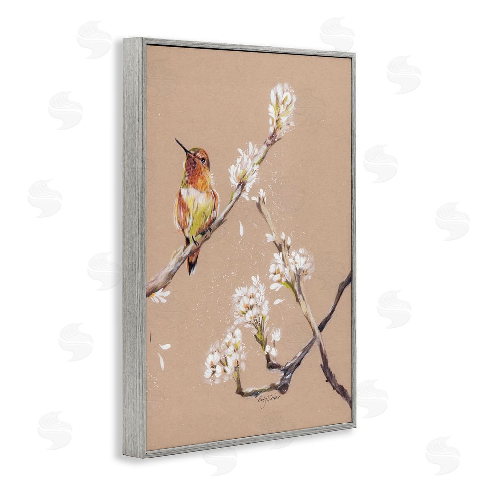 Cady Driver Resting Hummingbird on Branch Gray Framed Giclee Wall Art Print