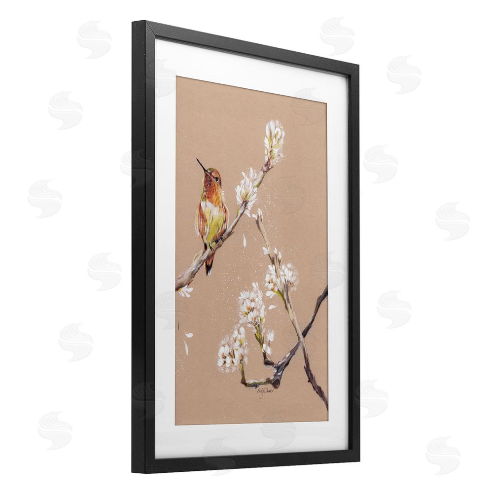 Cady Driver Resting Hummingbird on Branch Black Framed Print Under Glass with White Mat Wall Art