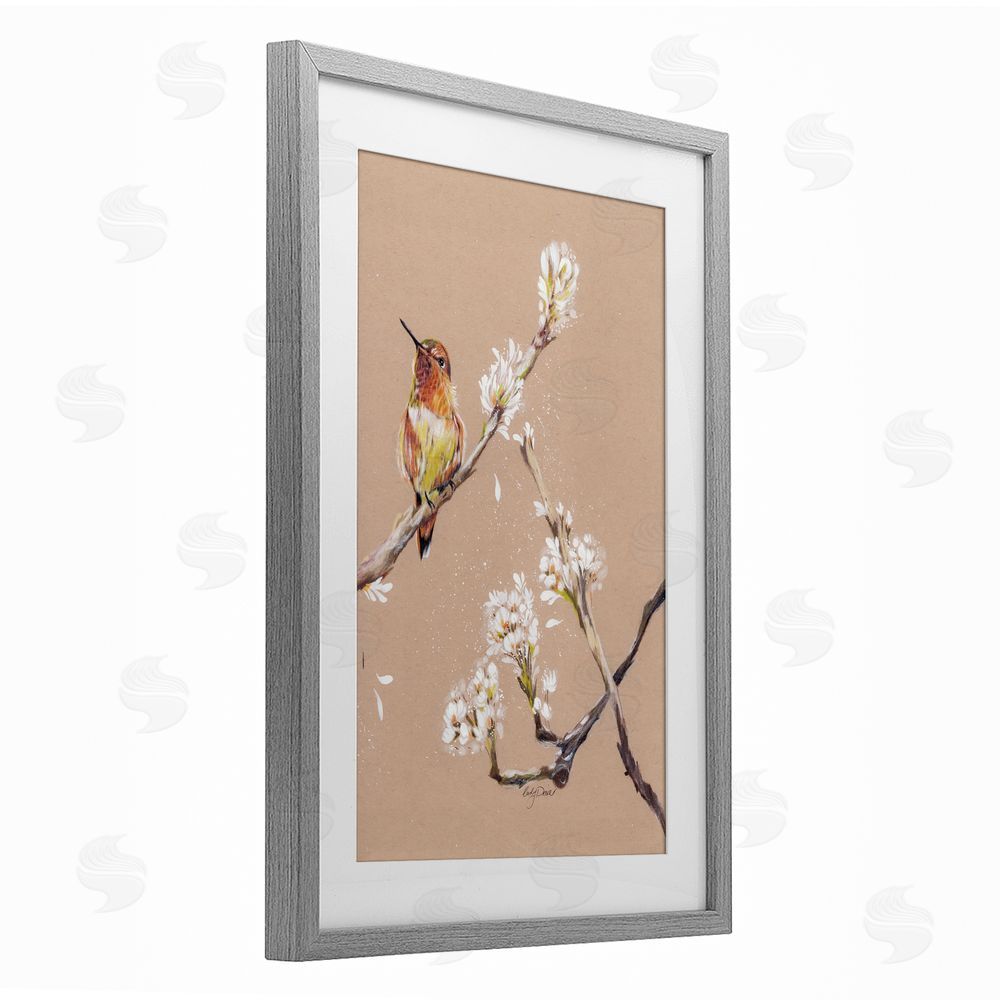 Cady Driver Resting Hummingbird on Branch Gray Framed Print Under Glass with White Mat Wall Art
