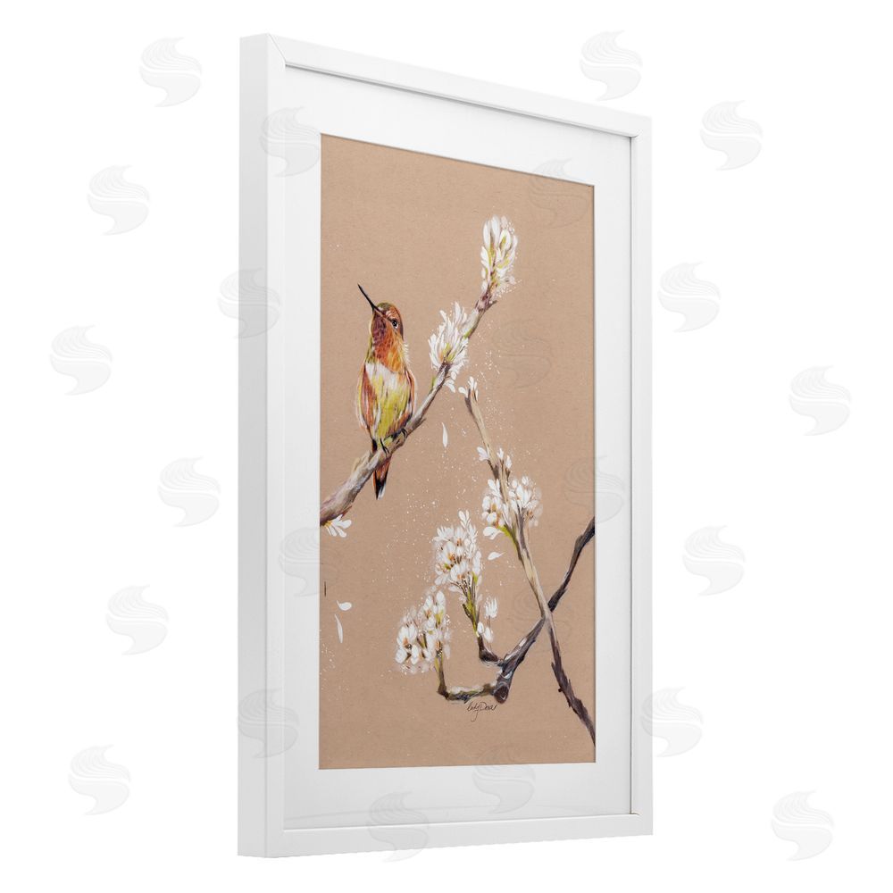 Cady Driver Resting Hummingbird on Branch White Framed Print Under Glass with Mat Wall Art
