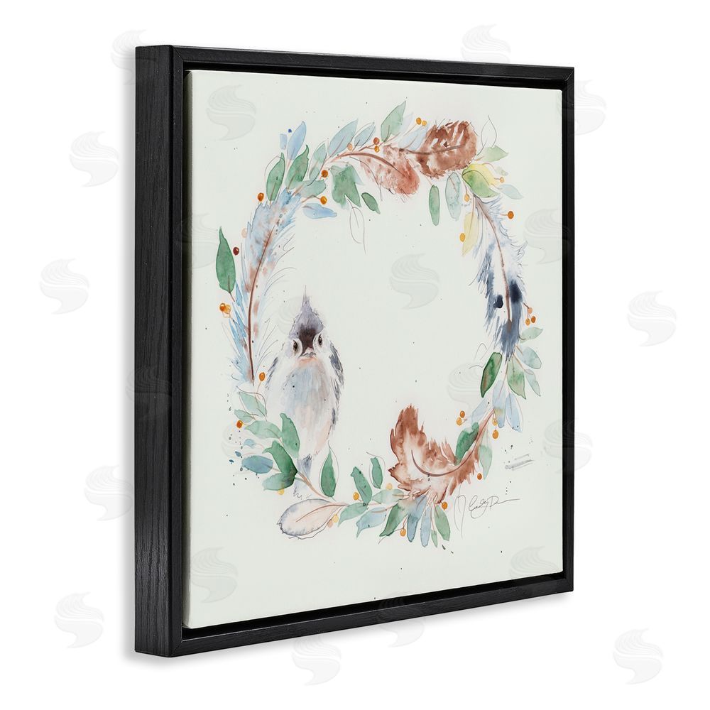 Cady Driver Wispy Bird & Botanical Wreath Black Floating Frame Canvas Wall Art Print