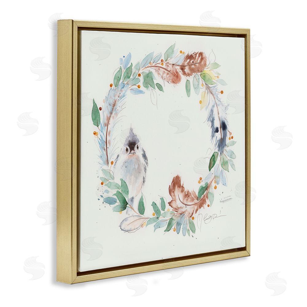 Cady Driver Wispy Bird & Botanical Wreath Gold Floating Frame Canvas Wall Art Print