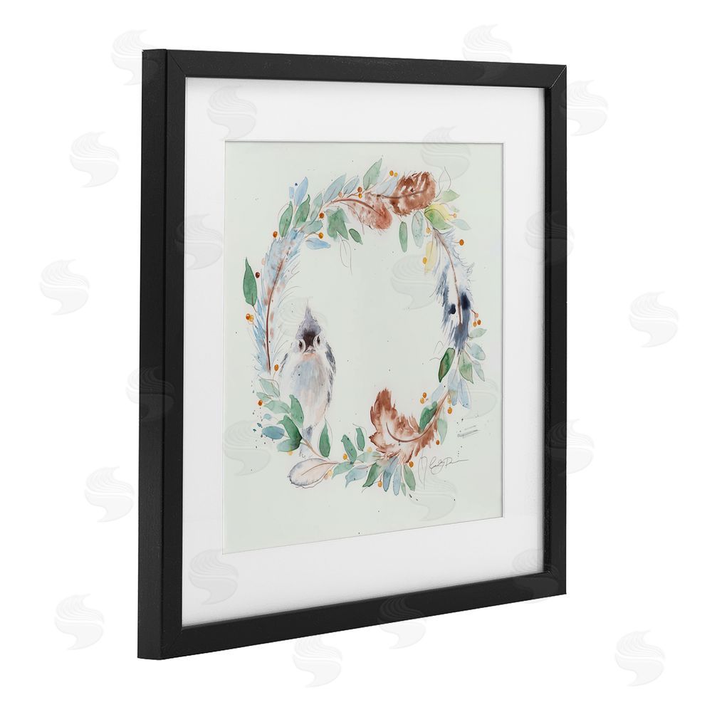 Cady Driver Wispy Bird & Botanical Wreath Black Framed Print Under Glass with White Mat Wall Art