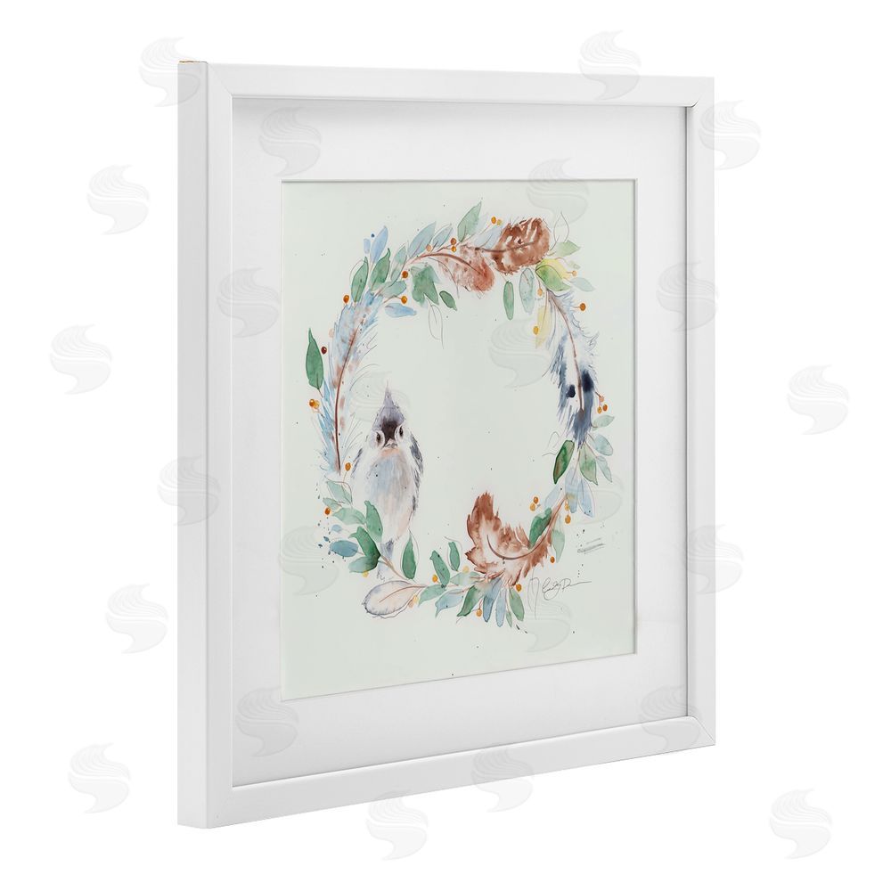 Cady Driver Wispy Bird & Botanical Wreath White Framed Print Under Glass with Mat Wall Art